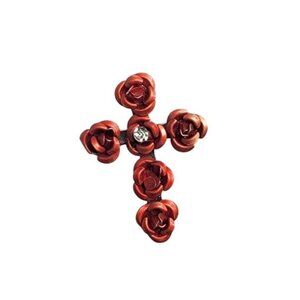 Red Enamel Rose Bud Cross Brooch Glass Rhinestone Accent Silver Tone Back